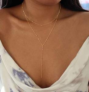 <span class=keywords><strong>Foxgirl</strong></span> Collier Lariat plaqué or 14 carats pour femme Pendentif délicat en forme de Y Chaîne perlée CZ Colliers à couches à la mode pour anniversaire - Product Image 4