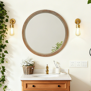 <b>Round</b> Distressed Wood Beaded Wall <b>Mirror</b> 23.62 In Farmhouse Vintage Accent <b>Mirror</b> For <b>Bathroom</b> Bedroom Entryway Rustic - Product Image 4