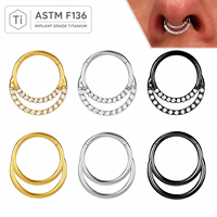 Anneau clicker articulé en spirale en titane ASTM F136, double fil, avec zircone cubique en forme de goutte, pour piercing septum, nez, cartilage, hélix, oreille - Vente en gros