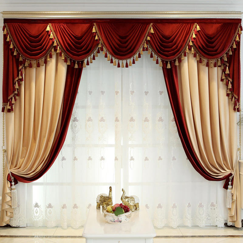 red with yellow velvet curtains