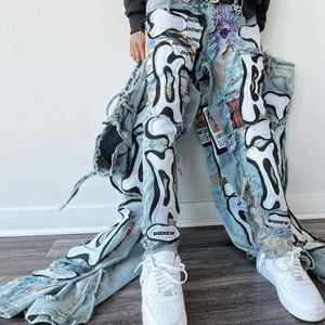 جينز ديزنيو الشركة المصنعة مخصص التصحيح الشارع ارتداء تدمير غسلها عرس فضفاضة مكدسة مضيئة الرجال الجينز ملابس الرجال الصيف - Product Image 2