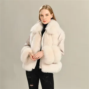 High Quality Fashion Genuine Soft Sheepskin With Fox Fur Padded Leather Fur Coat Woman