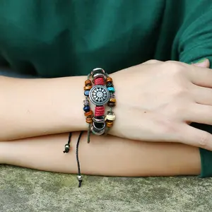 good quality Multi-Layer compass Charms Retro Bracelet PU Leather Wrap Bangle wood beaded Bracelet for Men women