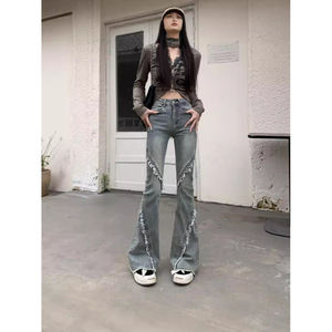 กางเกงยีนส์2025เอวสูงทรงเกือกม้าบานออกสำหรับผู้หญิงดีไซน์ย้อนยุคแนวย้อนยุคสำหรับฤดูใบไม้ผลิและใบไม้ร่วง - Product Image 3