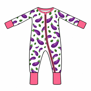 Romper Bayi Baru Lahir Bahan Viscose Bambu Motif Terong Resleting Dua Arah Custom Print Baju Tidur Grosir - Product Image 1