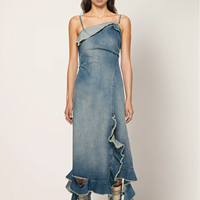 Mode Vintage dégradé licou plié col carré dos nu bretelles Patchwork ourlet irrégulier à volants Denim robes pour femmes