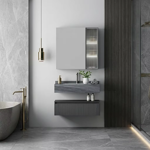 <span class=keywords><strong>Mobile</strong></span> <span class=keywords><strong>Bagno</strong></span> di Lusso Stile Hotel, Armadietto Scanalato Grigio Scuro con Specchio LED e Lavabo in Pietra per Hotel di Lusso - Product Image 6