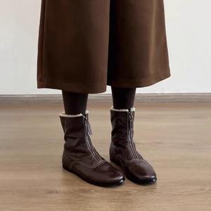 Versión de Piel de Oveja~Botines Retro para Mujer con Forro de Felpa, Convertibles, con Cierre Frontal, Botas Versátiles de Moda, Planas y Ajustadas - Product Image 2