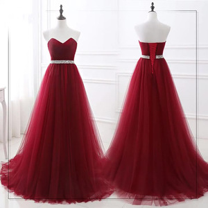 Wine Red A-Line Tulle Evening Dress Sweetheart Neckline With Rhinestone Belt For Weddings And Graduation Parties - Product Image 1