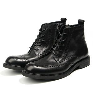 Bottes hautes brogues pour hommes en cuir marron avec motif sculpté, mi-mollet, respirantes, semelle adhésive, taille adulte 40-46 - Product Image 5