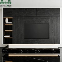 Mueble de TV Moderno SLS de Madera Negra con Estantes con Iluminación LED, Consola Multimedia Flotante y Base de Mármol