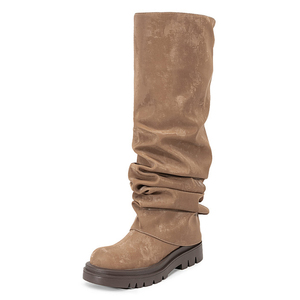 Bottes hautes à semelle épaisse en daim, bout carré, fermeture éclair arrière, style pantalon plissé, 2 façons de porter, bottines superposées au-dessus du genou pour femme - Product Image 4