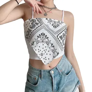 Camisola corta irregular con cuello halter para mujer, top negro con estampado de calle, camiseta sin mangas, venta al por mayor, 2022, R30256S