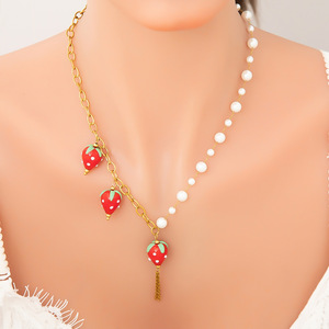 Fruit Pearl Necklace <b>Titanium</b> Steel Clavicle <b>Chain</b> With Strawberry Cherry Peach Pendant Everyday Wear Jewelry XL31429 - Product Image 2