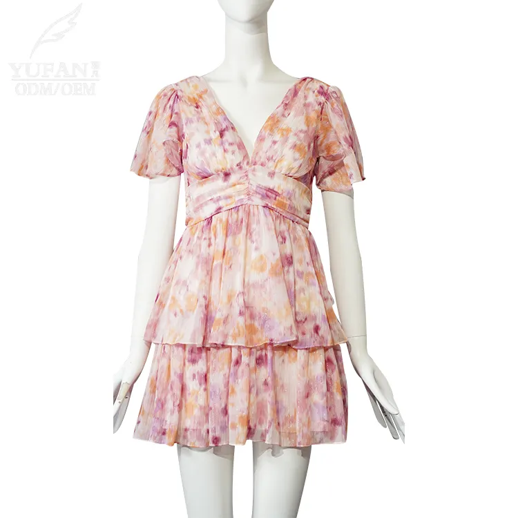 यूफैन कस्टम उच्च गुणवत्ता शिफॉन मिनी ड्रेस महिला ग्रीष्मकालीन वी नेक कट आउट स्तरित हेम कपड़े उच्च कमर कपड़े
