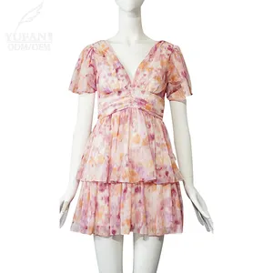 YuFan Custom High Quality Chiffon Mini Dress Women Summer V Neck Cut Out Layered Hem Clothing High Waist Dresses