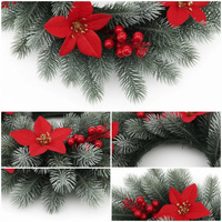 Karangan Bunga Natal Buatan 38cm dengan Poinsettia Merah & Hiasan Buah Berry, Cabang Pinus, Dekorasi Gantung Pintu & Dinding untuk Liburan