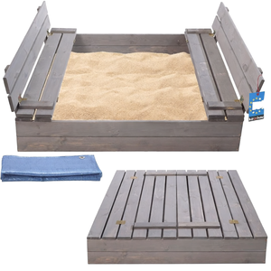 Grande bac à sable en bois d'extérieur pour enfants, bac à sable en bois 120 x gris avec couvercle et bancs, scellable - Product Image 1