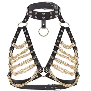Soutien-gorge de bondage en or <span class=keywords><strong>sexy</strong></span>, en forme de cage, haut court, drapé, chaîne, harnais, bijoux pour boîte de nuit, fabricant chinois, vente en gros - Product Image 1