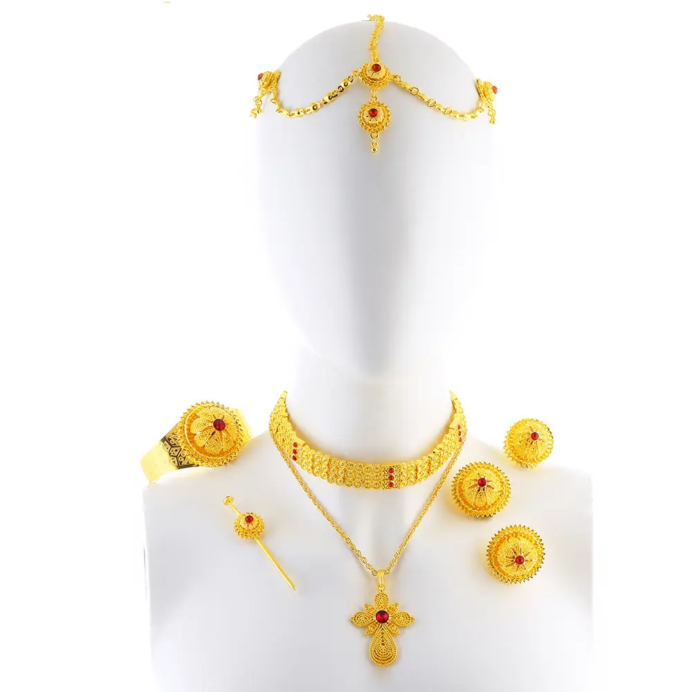 Ethlyn Jewelry New Gold Color Luxury Ethiopian Eritrean Rhinestone Cross Pendant Wedding Choker Jewelry Sets Habesha Gifts S205