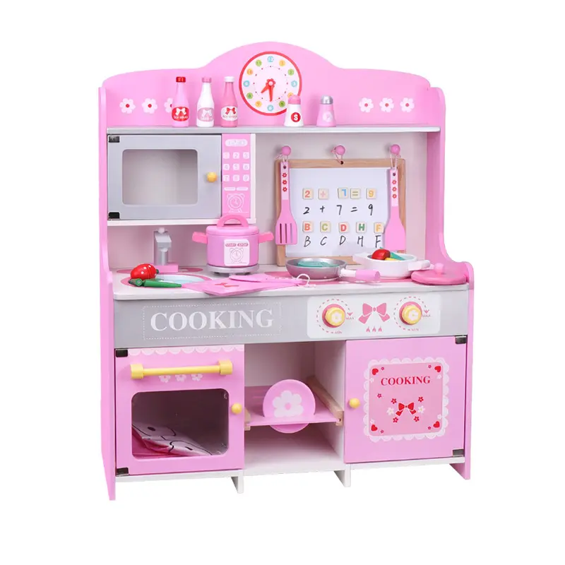 Hot Sale Pink Creative Wooden Kitchen Toys Pretend Play Kitchen Sets Toys for Girls