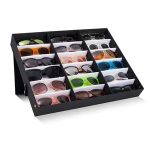 SESI Professional Factory Wholesale 18 Slot Glasses Tray Custom Black Leather Sunglass Tray Display With Design Logo