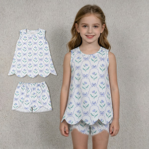 Ensembles de vêtements pour petites filles, style décontracté, printemps-automne, imprimé tulipes et nœuds, respirants, 95% coton, 5% élasthanne, prêts à expédier (RTS) - Product Image 1