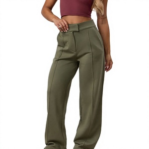 Pantalon large taille haute pour femme, couleur unie, plissé devant, coupe ample, longueur complète, style décontracté, collection automne - Product Image 1