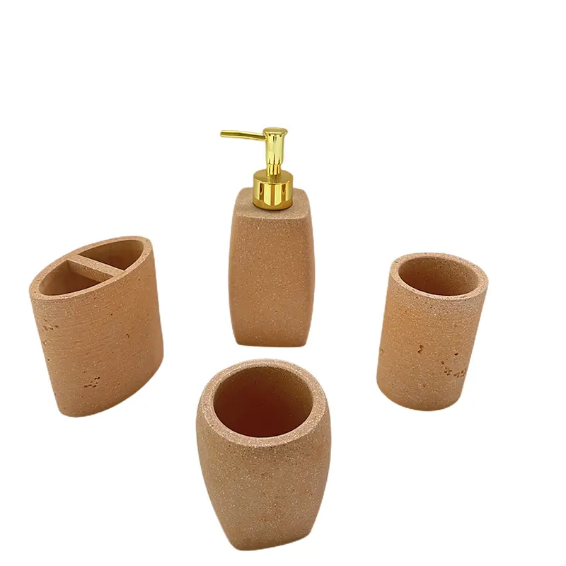 Conjunto de accesorios de baño de ladrillo artificial vintage de cemento al por mayor, dispensador de jabón de manos, bomba, cepillo de dientes, soporte de inodoro, vaso