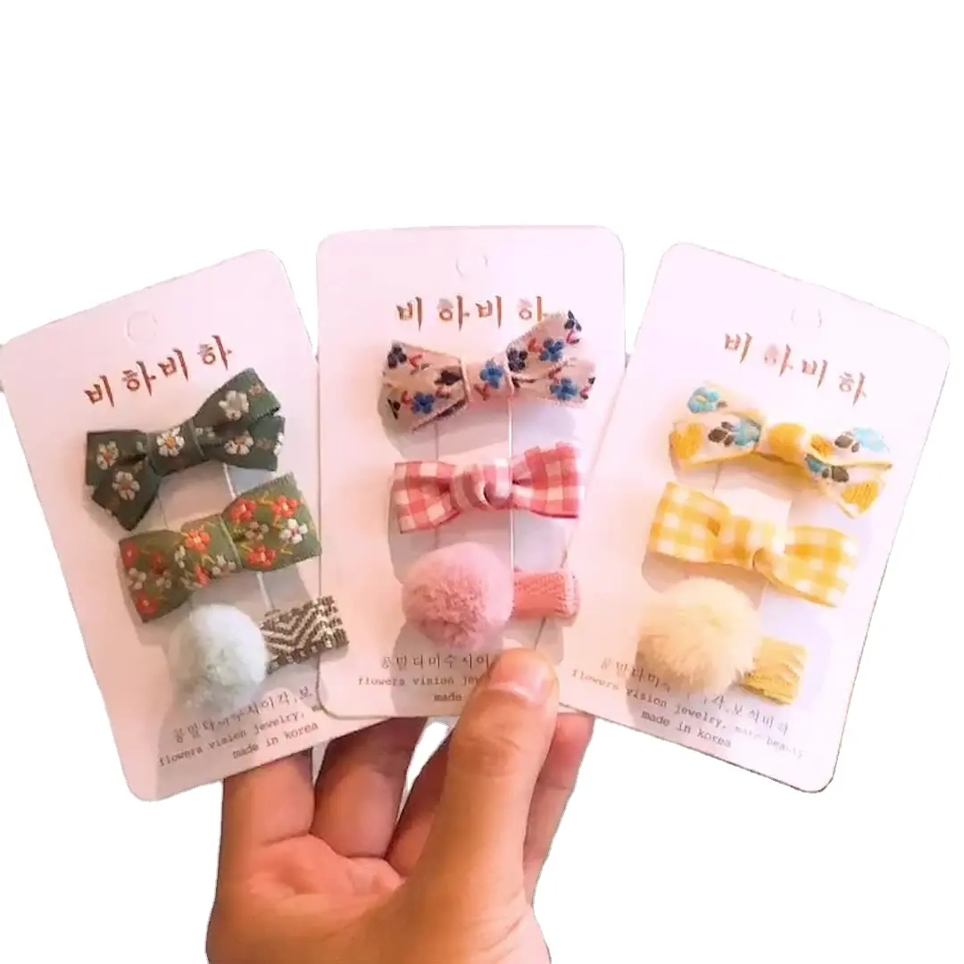 Korea Girls Hair Clip Accessories Embroidery Flower Hair Clips 3 pcs Pom Pom Plush Bow Hair Pin sets For Kids