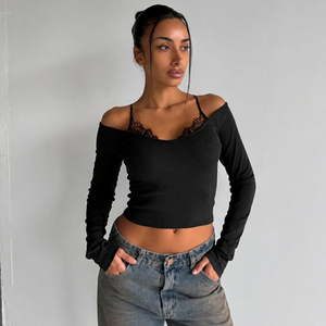 Blusa de punto transpirable para mujer con encaje y patchwork, manga larga, cuello en V, camisola corta, ajuste ceñido, sexy, de dos capas - Product Image 1