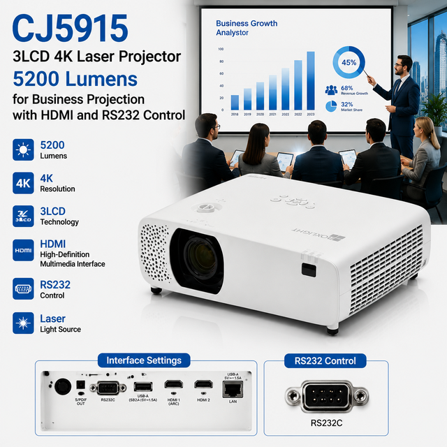 Business Projection CJ5915 3LCD 4K Laser Projector 5200 Lumens with RS232 Control