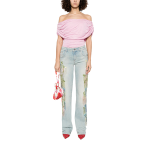 Jean droit décontracté chic et vintage pour <span class=keywords><strong>femme</strong></span>, taille <span class=keywords><strong>mi</strong></span>-haute, avec franges et pompons colorés sur le côté, bleu clair, idéal pour le printemps - Product Image 1
