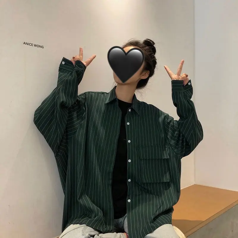 Vintage Shirts Women Autumn Korean Style Fashion Tops BF Long Sleeve Loose Stripe Print Button Up Shirt Black Blouse