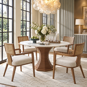 Table à manger ronde de style américain de luxe, piétement <span class=keywords><strong>en</strong></span> bois, plateau aspect pierre, chaises <span class=keywords><strong>en</strong></span> rotin pour salle à manger de villa - Product Image 1