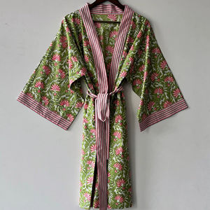 Indian Handmade Boho <b>Lightweight</b> Bathrobe Floral Cotton Kimono with Block Print <b>Dressing</b> <b>Gown</b> Soft Cotton Loungewear ODM Supply - Product Image 1