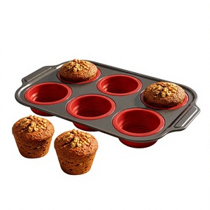 Utensilios para Hornear, Molde de Silicona para 6 Muffins con Marco de Acero, Bandeja Redonda Antiadherente para Cupcakes, Molde para Hornear para Mini Tartas de Huevo, Brownies y Pasteles - Product Image 1