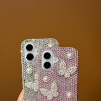 Coque de téléphone Flash Diamond 3D Papillon Perlé pour iPhone 17 Pro Max – Étui Premium Anti-Chute Rose Entièrement Sertie de Diamants