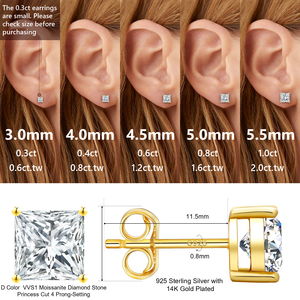 Boucles <span class=keywords><strong>d</strong></span>'oreilles clous en moissanite taille princesse, plaqué or 14K, argent sterling 925, bijoux pour femmes et hommes, <span class=keywords><strong>diamant</strong></span> carré VVS 0,6ct-2ct - Product Image 4