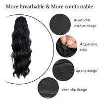 Queue de cheval longue ondulée en fibre haute température avec cordon de serrage et clip pour femme, noir naturel, vente en gros