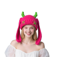 Bonnet tricoté mignon et amusant en forme de petit diable à longues oreilles, protection auditive chaude pour l'automne et l'hiver, fait main, avec cornes de vache