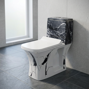 WC monobloc de luxe en céramique imprimé marbre, noir et or, à poser au sol, avec siphon en S - Product Image 3