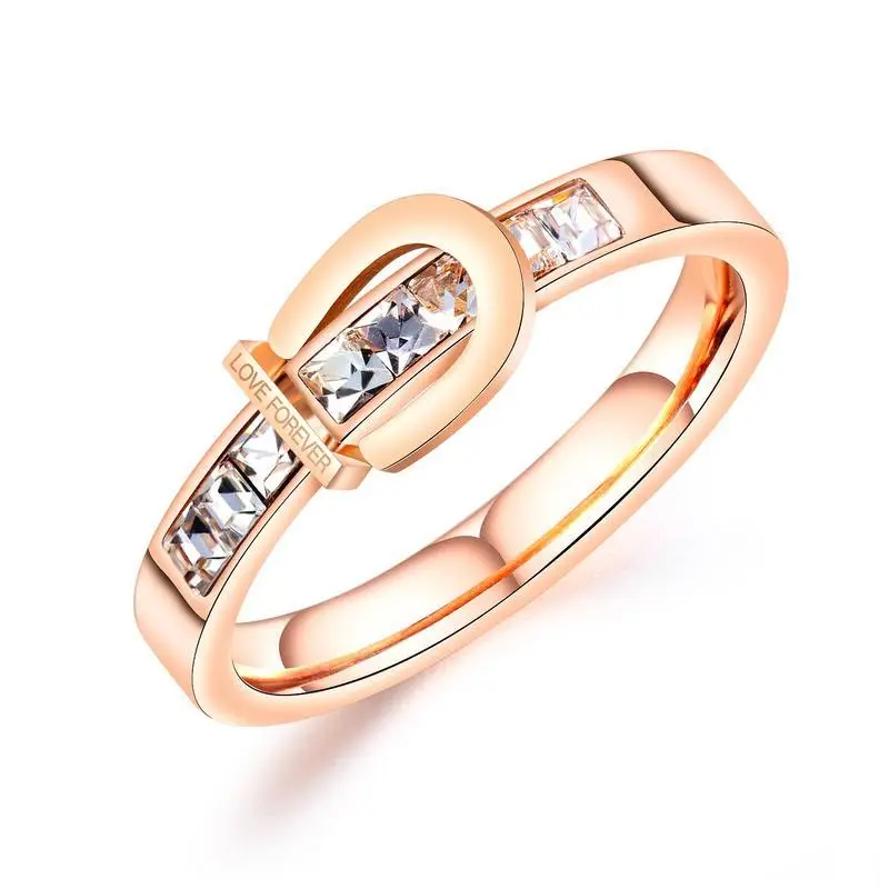 New stainless steel zircon rose gold ring custom engraved love forever buckle design lady ring