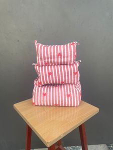 <b>Red</b> White Striped Cotton Women's Tote Bags Set Of Three With Heart Embroidery Fashion Style Decorative Cushions from India - Product Image 1