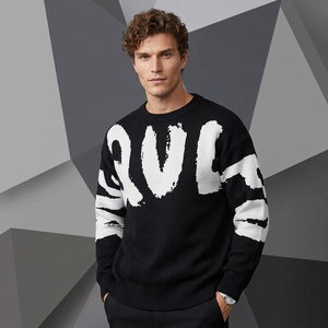 Pull en tricot à col rond pour homme avec imprimé lettres blanches, coupe classique, style vintage, vêtement décontracté d'automne, sweat-shirt pour homme - Product Image 1