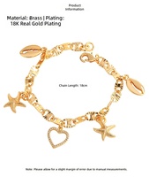 Bracelet tendance en laiton plaqué or 18 carats avec chaîne cubaine et breloques étoile, cœur et coquillage pour femme – Bijou de mode