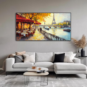 Tela con paesaggio naturale lungo il fiume, pittura a olio romantica di Parigi cafè Art 3D dipinto a mano Street Texture Wall Art - Product Image 4