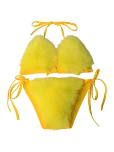 Ensemble bikini femme en fausse fourrure moelleuse, style licou, triangle à nouer sur le côté, pour plage, piscine, tenue de club, costume de scène, personnalisable - Product Image 4