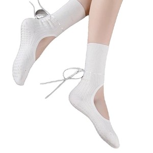 Summer Yoga <b>Socks</b> Mid Calf Non Slip Backless Drawstring Ribbon Pilates Dance Fitness Floor <b>Socks</b> White Cotton Sweat Absorbing - Product Image 4