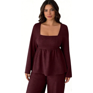 Women's Plus Size Peplum Top & Wide Leg Pants <b>Set</b> <b>Square</b> Neck Long Sleeve 2 Piece Loungewear Fashion - Product Image 5